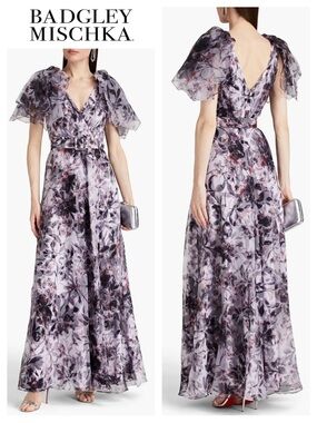 BADGLEY MISCHKA Voluptuous Printed Organza Gown